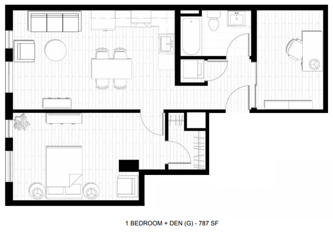 Floor plan for 1 bed, 1 bath, 787 sqft